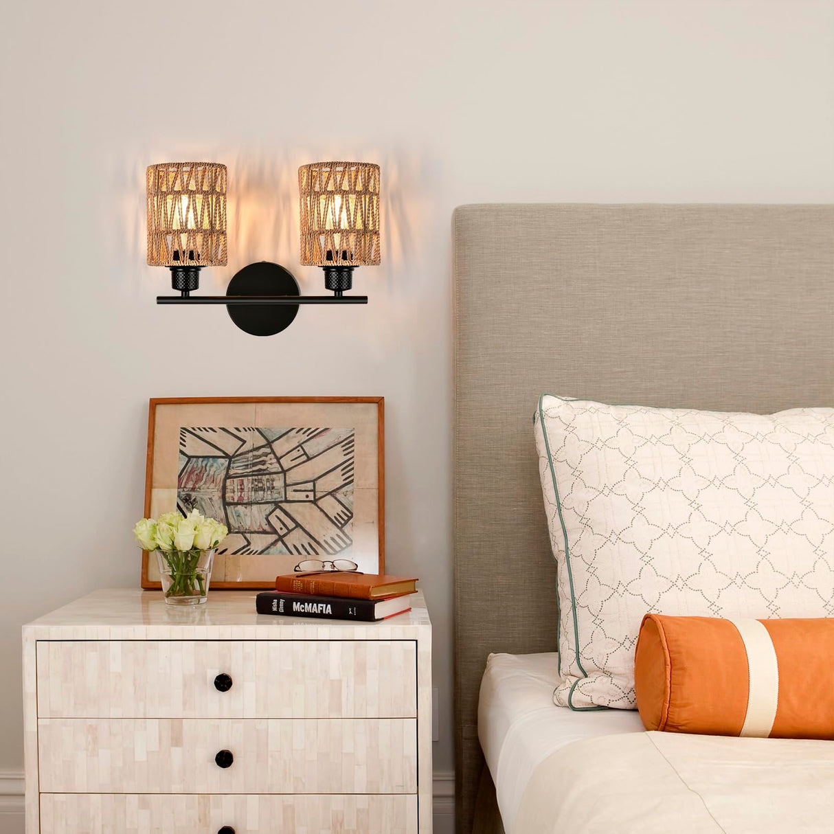 2 Light Rattan Vanity Light Boho Vanity Lighting Fixture Woven Bathroom Vanity Wall Light