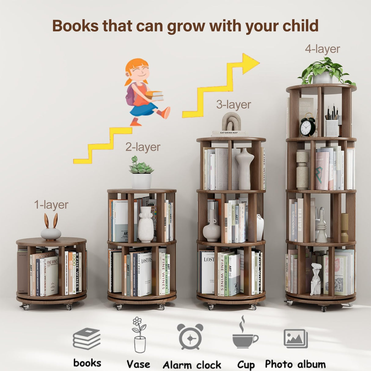 Solid Wood Rotating Bookshelf with Brake Wheels, 360°Display 4 Tier Floor Stackable Spinning Bookshelf Tower for Kids&Adults,