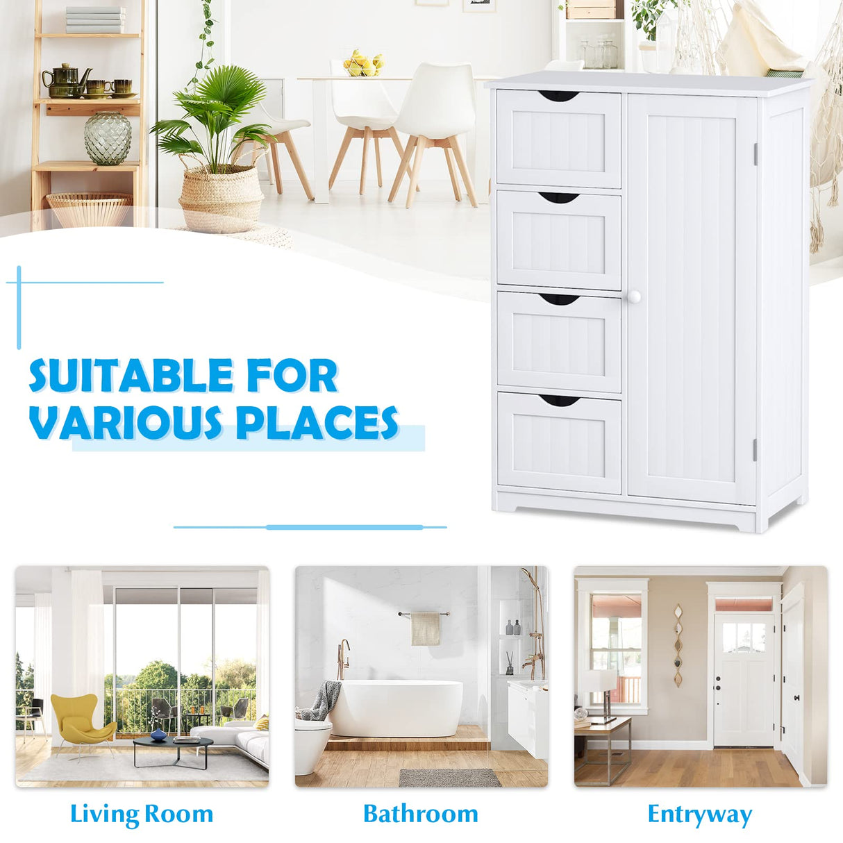 Bathroom Floor Cabinet, Freestanding Storage Cabinet with 4 Drawers & Single Door,