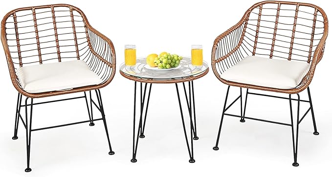 3-Piece Patio Bistro Set PE Rattan Wicker Armchairs and Coffee Table Set with Cushions
