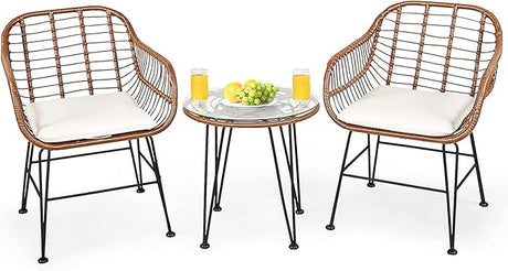 3-Piece Patio Bistro Set PE Rattan Wicker Armchairs and Coffee Table Set with Cushions