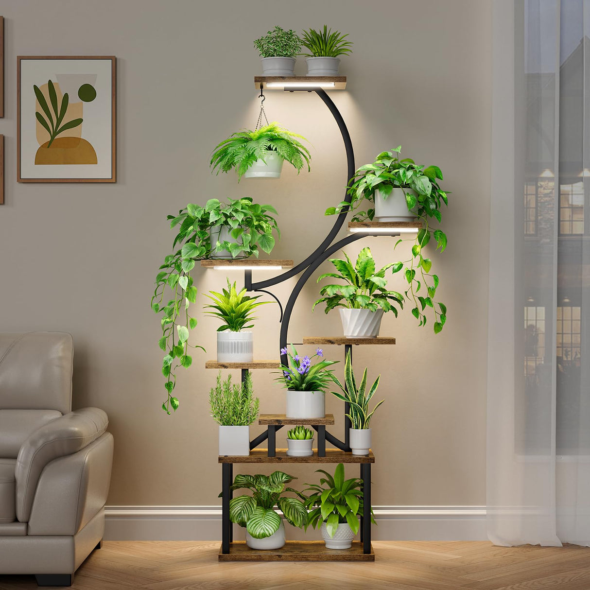 Plant Stand Indoor with Grow Lights, 8 Tiered Indoor Plant Shelf, 62" Tall Plant