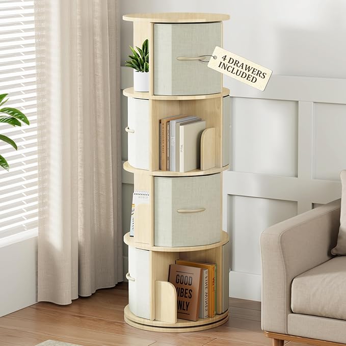 Rotating Bookshelf Tower, Solid Wood Rotating Bookshelf, 4 Tier Spinning Bookshelf