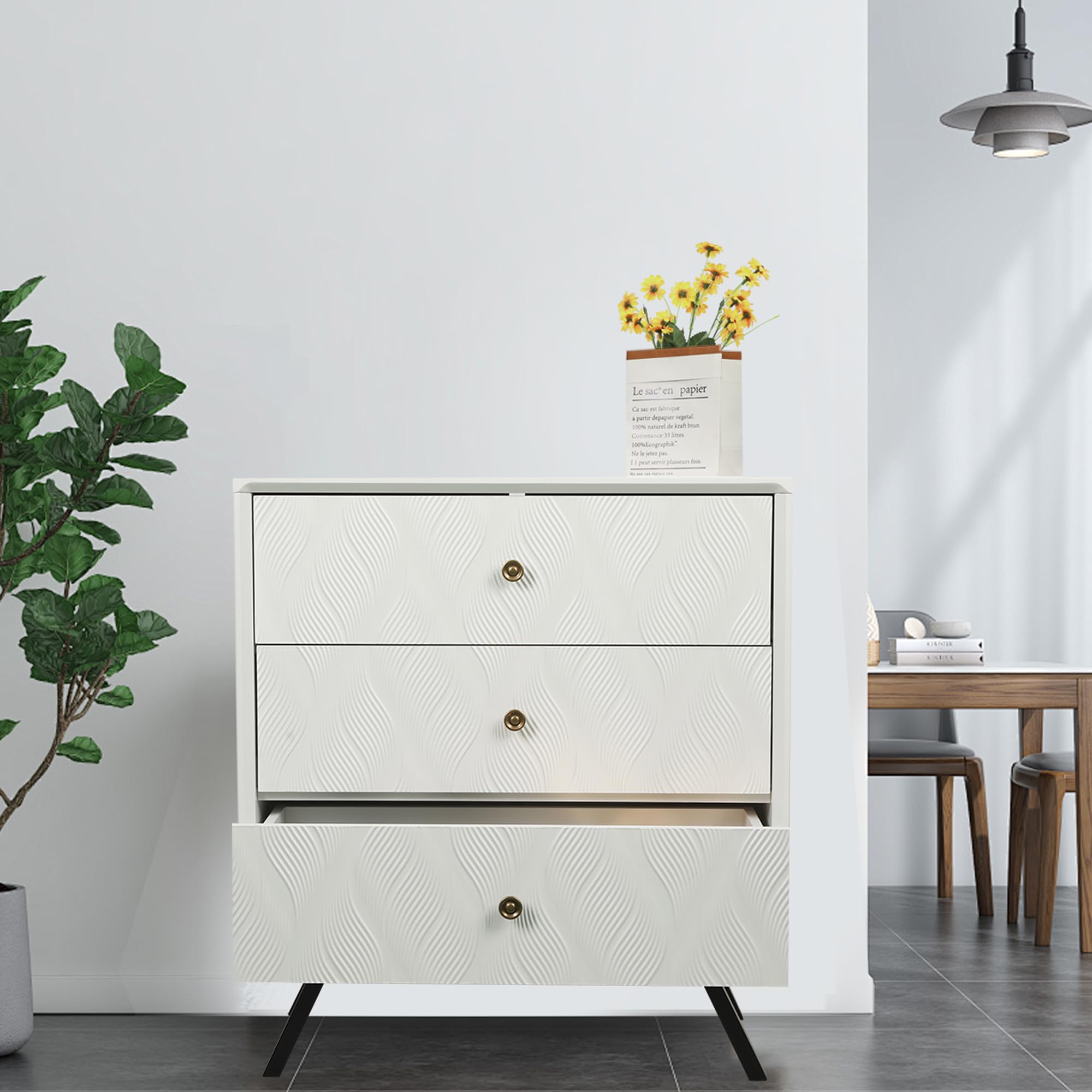 Drawer Dresser Nightstand with 3-Drawer and Wave Pattern Design