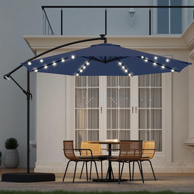 10ft Solar Lighted Patio Umbrella with Base Included, Outdoor Offset Cantilever Umbrella