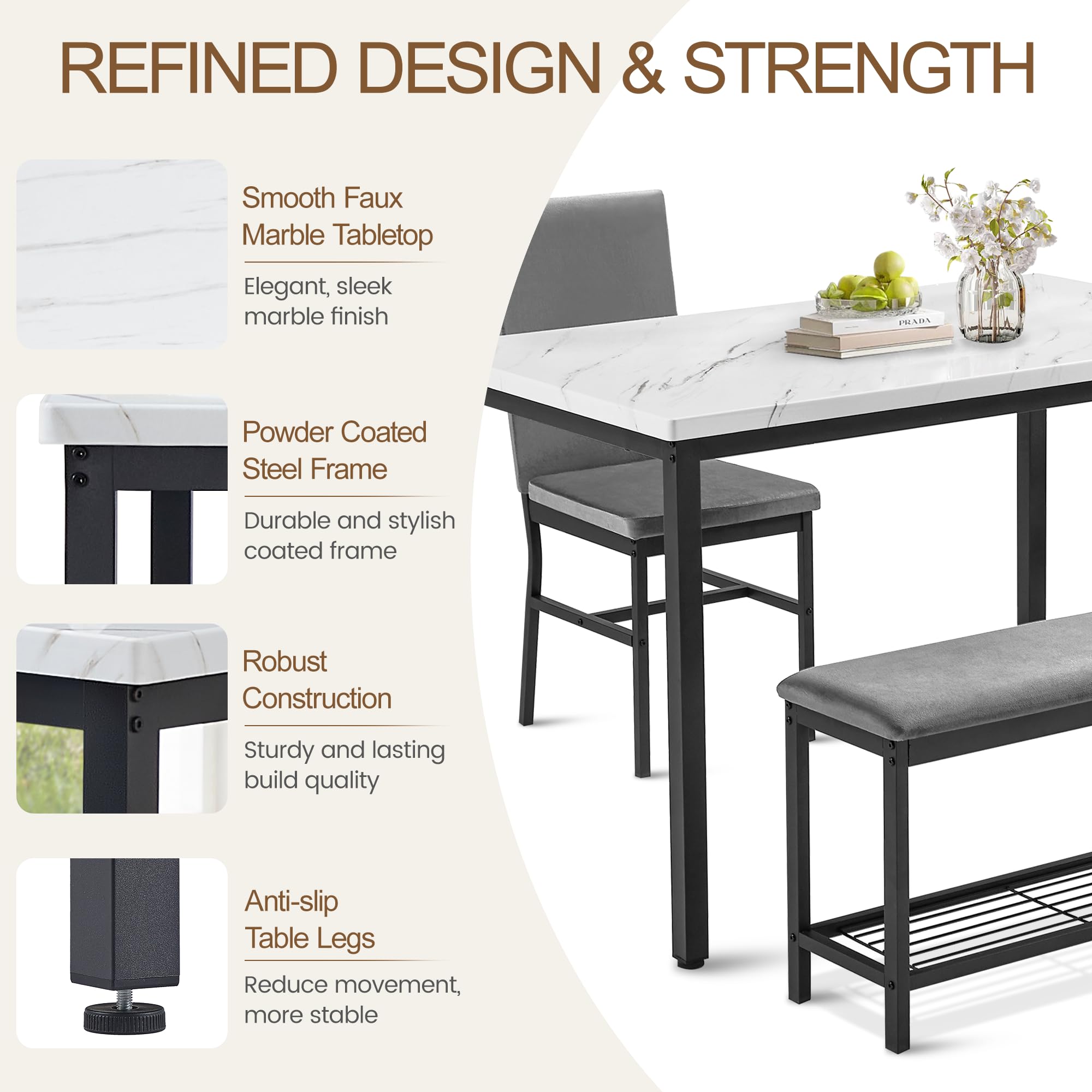 47.2" Faux Marble Dining Table Set for 4 with Velvet Chairs and Bench