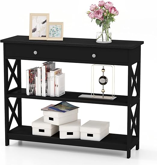 3-Tier Console Table, Wooden Sofa Tables Narrow Long with Large Drawer & 2 Open