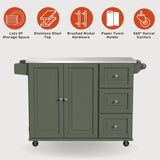 Mobile Kitchen Island Cart with Stainless Steel Top, Sage Green