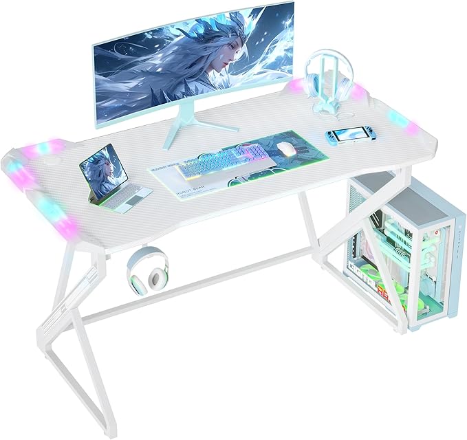 Gaming Desk with LED Lights, 47 Inch Computer Desk for Home Small Space, Gaming