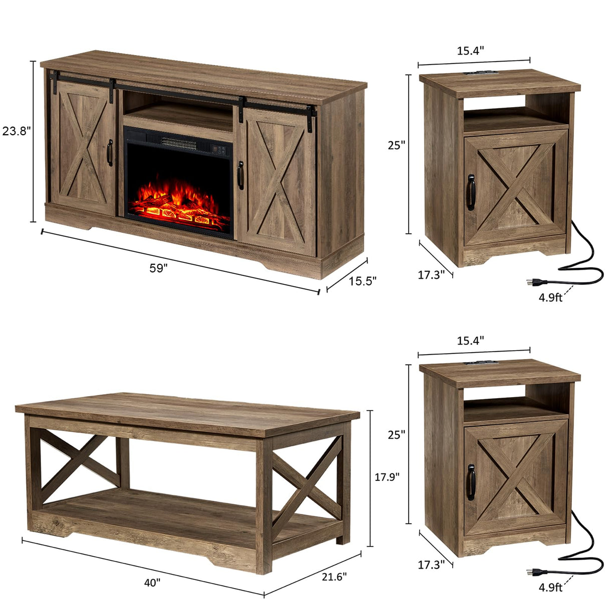 5-Piece Farmhouse Table Set includes Fireplace TV Stand, Coffee Table& Two End Tables