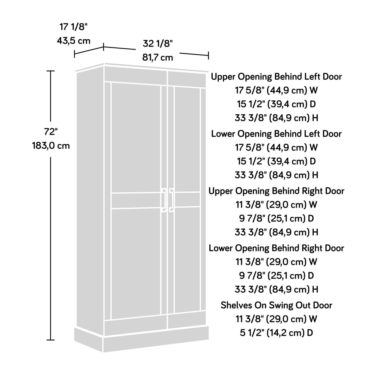 Miscellaneous Swing Out Door Storage pantry cabinets, L: 32.17" x W: 17.13" x H: 72.09"