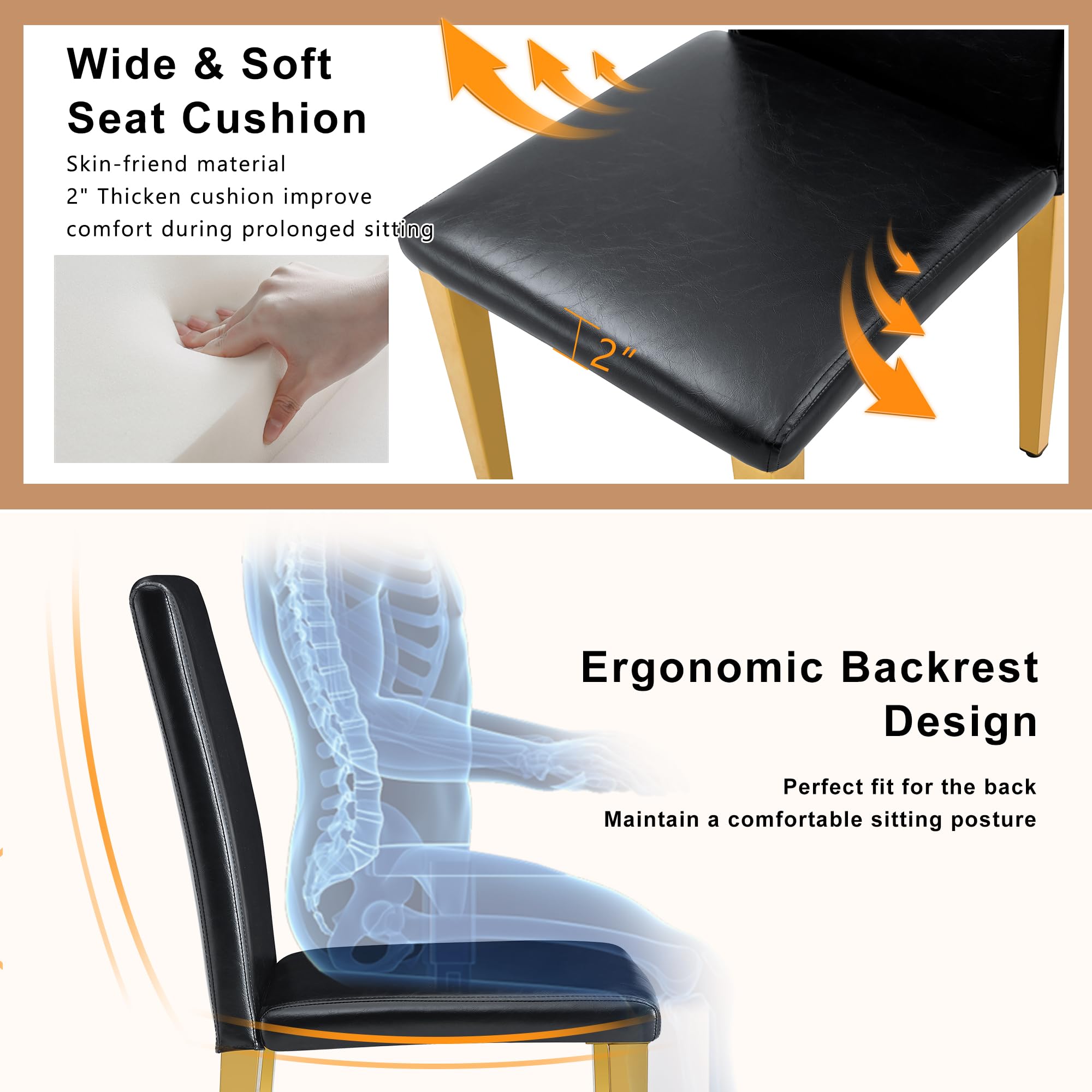 55" Black Dining Table Set for 6 with Golden Metal Legs