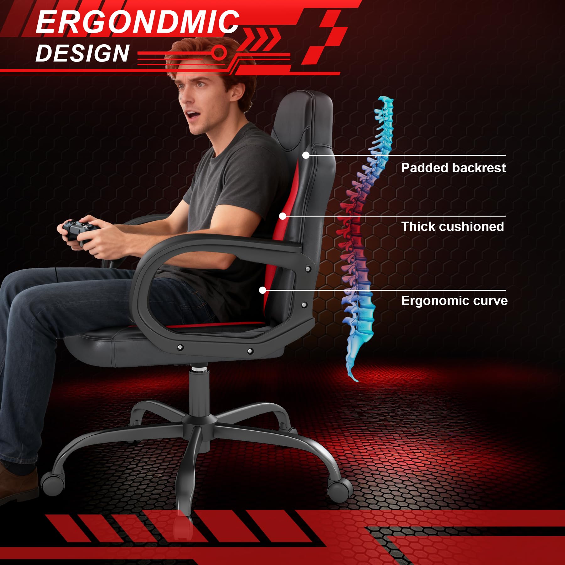 Ergonomic Gaming Office Chair with Lumbar Support - Red