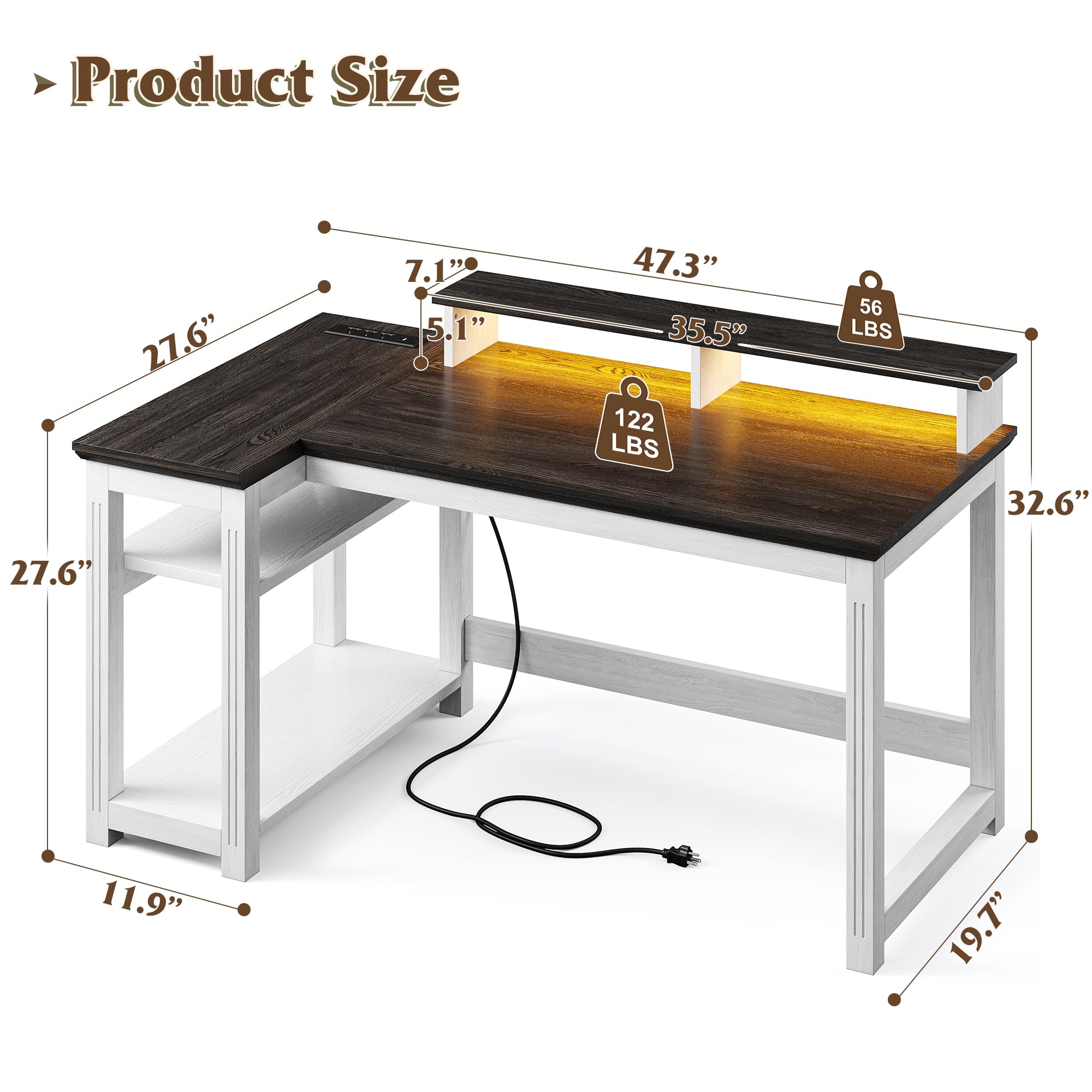 EnHomee 47.3" Computer Desk with Monitor Stand, Gaming Desk with Power Outlet, L