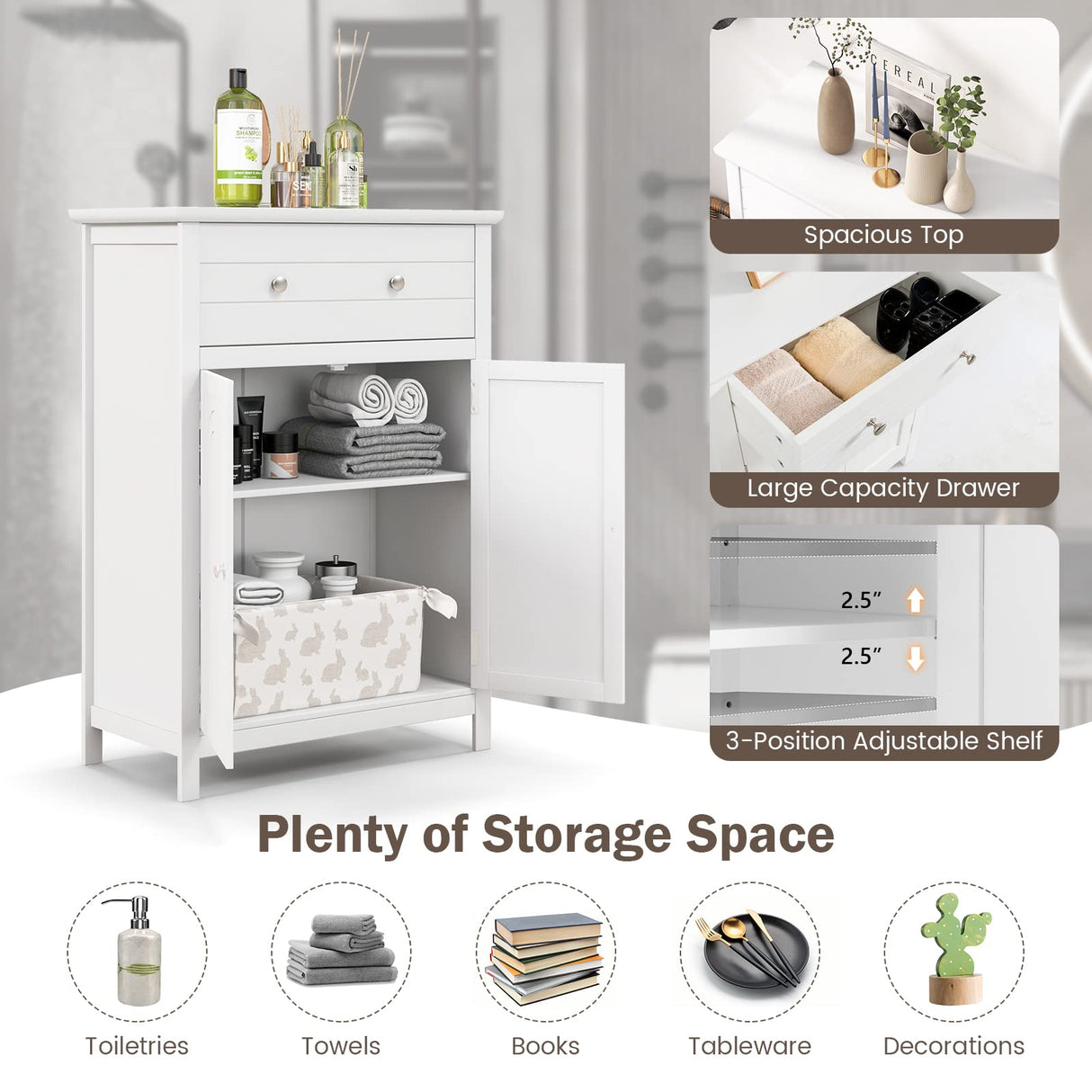 White Bathroom Cabinet, Freestanding Wooden Storage Cabinet w/Large Drawer & Cabinet,