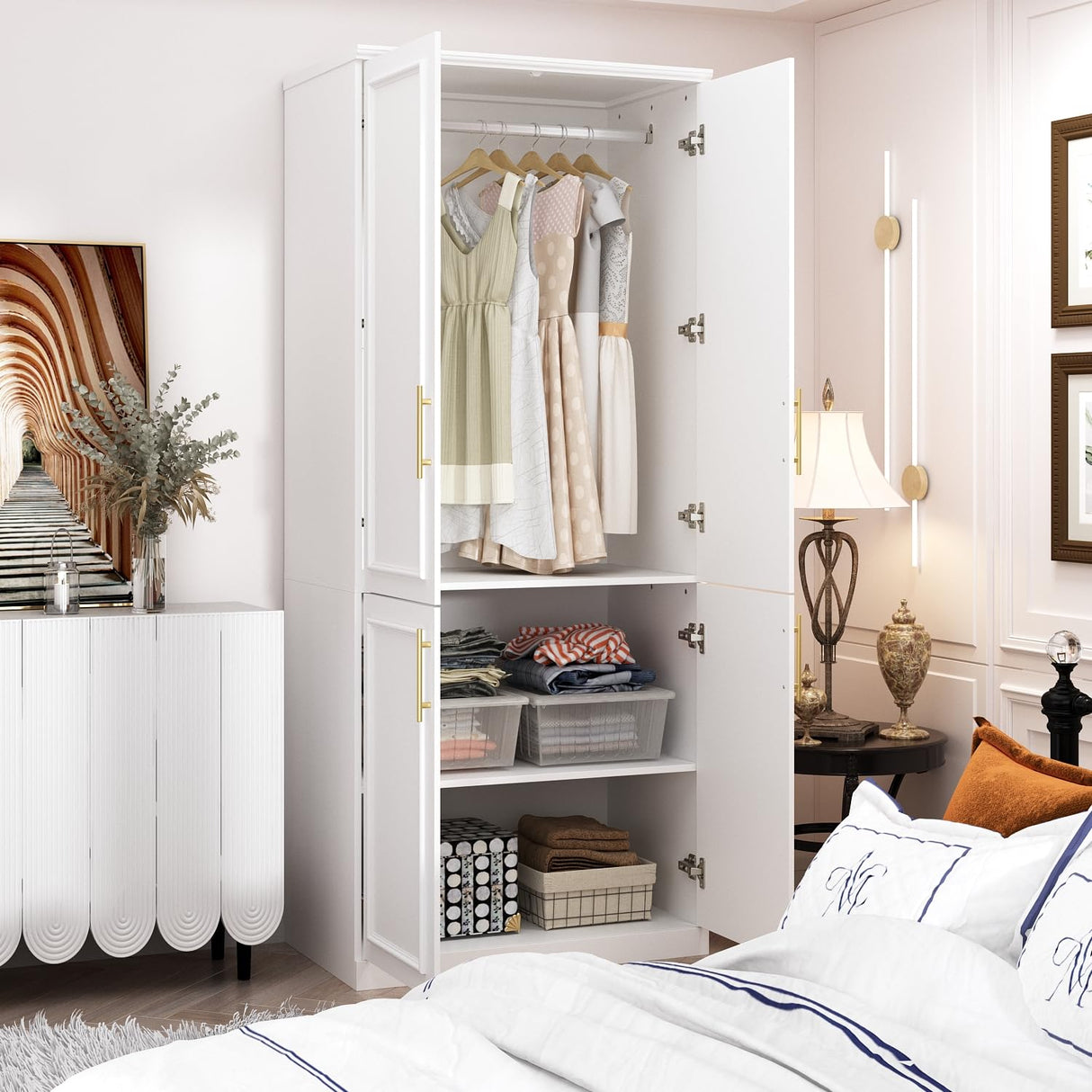 White Wardrobe Armoire with 4 Doors, 3-Tier Shelves & Hanging Rod