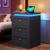 Black Night Stand Set of 2, Nightstand Set 2 with Charging Station & 3 Drawers, Modern