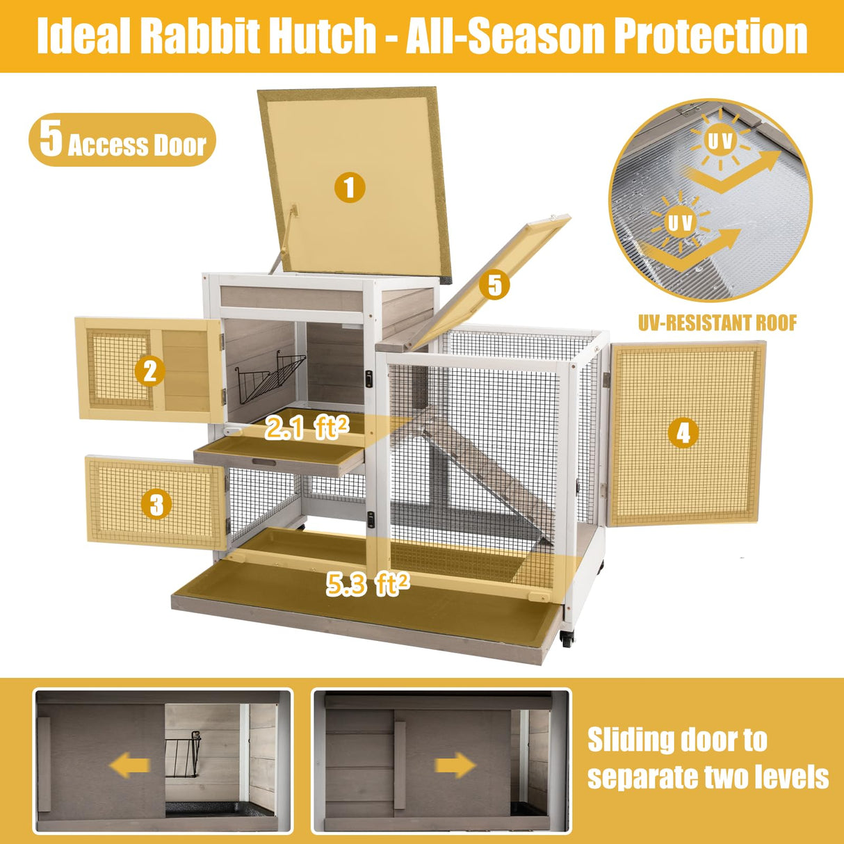 40"L Rabbit Hutch Indoor Wooden Large Bunny Hutch Outdoor 2 Story Rabbit Cage