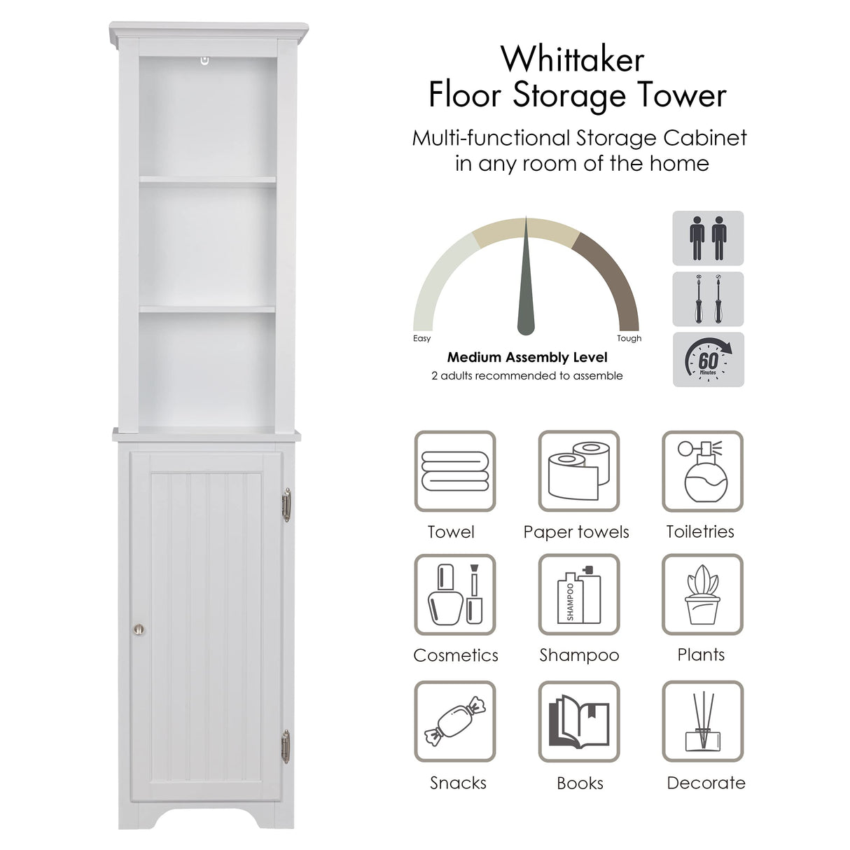 64" Freestanding Storage Cabinet, Bathroom Tall Silm Cabinet with Doors and Adjustable Shelves,