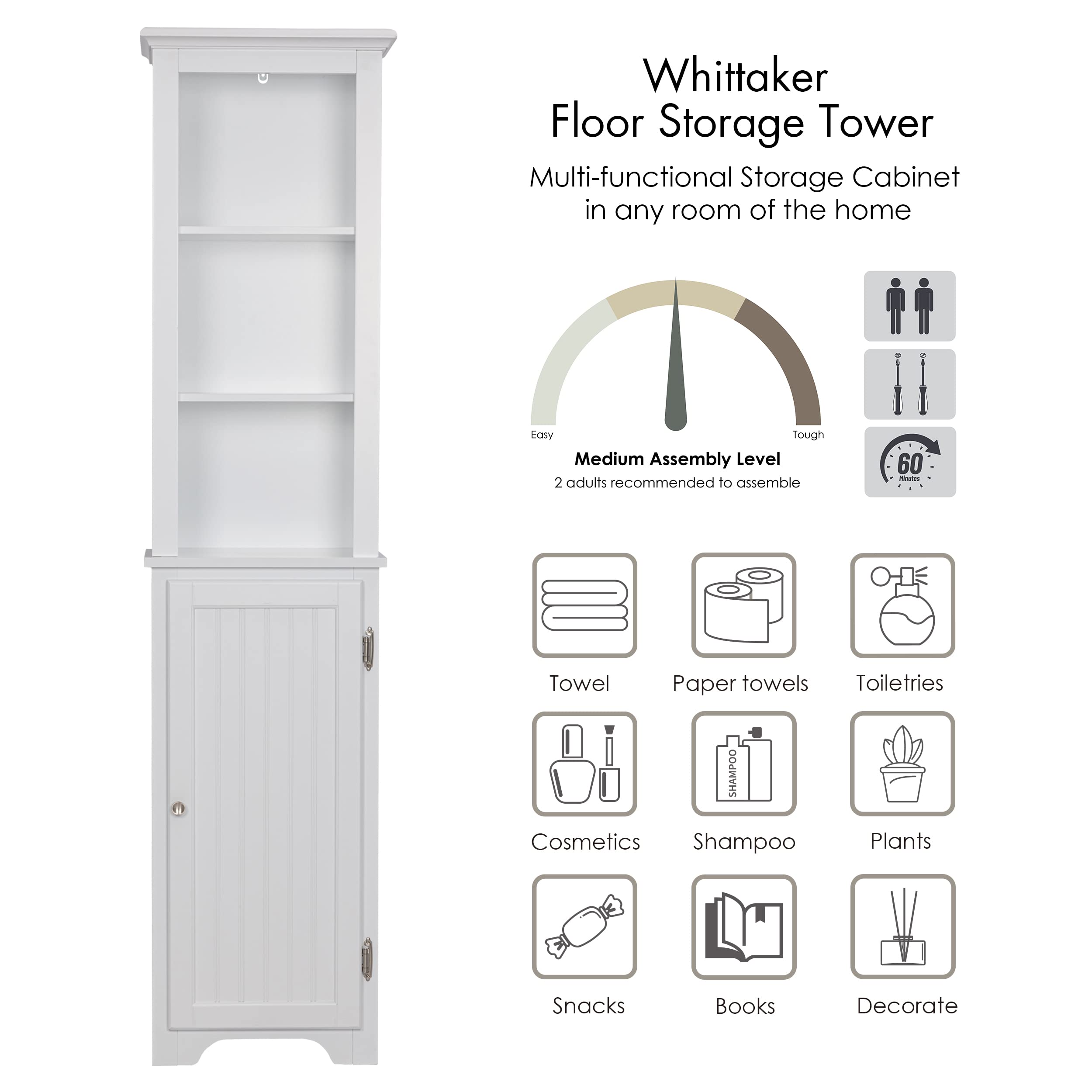 64" Freestanding Storage Cabinet, Bathroom Tall Silm Cabinet with Doors and Adjustable Shelves,
