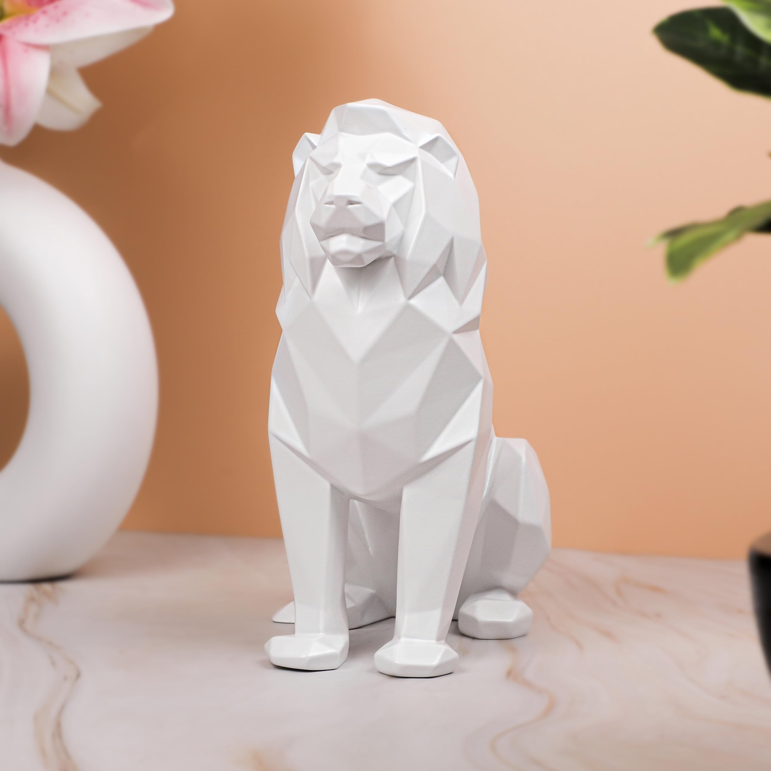 White Lion Sculpture - Abstract Geometric Animal Statue for Coffee Tables
