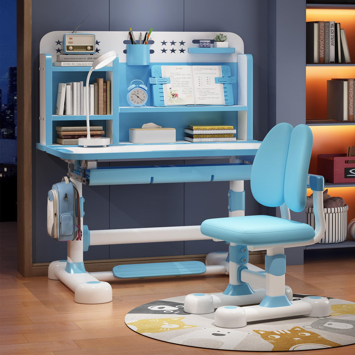 Functional Desk and Chair Set, Study Desk for Children with Chair, Kids Desk and Chair Set,Height Adjustable Children School Study Desk with Storage Drawer for Boys Girls (Blue E)