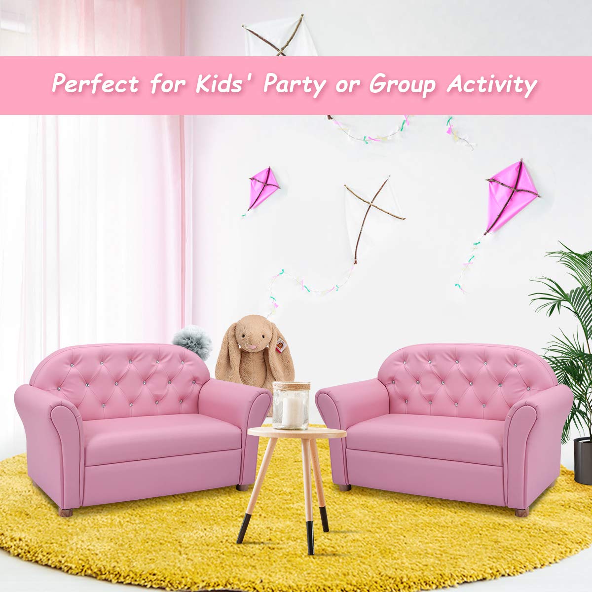 Couch, 2 in 1 Princess Double Seat Children's Sofa w/PU Leather Surface, Toddler Armrest Chair for Bedroom, Kids Room, Mini Sofa for Kids Loveseat Baby Girls Birthday