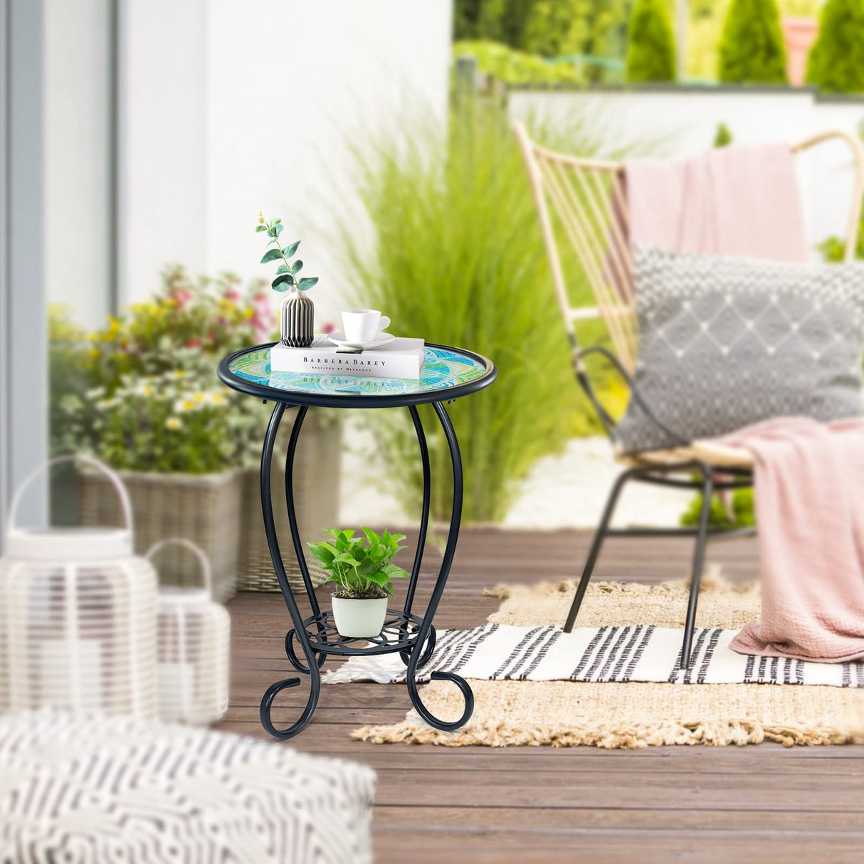 Mosaic Outdoor Side Table, 14" Round Patio Side Table, Mosaic Plant Stand, End Table