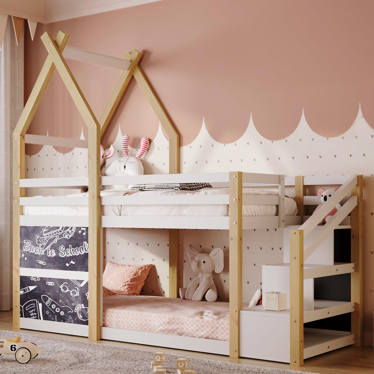 House Bunk Beds, Twin Over Twin Bunk Bed Wooden Floor Bunk Bed Frame for Kids,