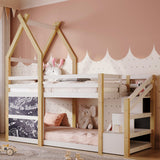 House Bunk Beds, Twin Over Twin Bunk Bed Wooden Floor Bunk Bed Frame for Kids,