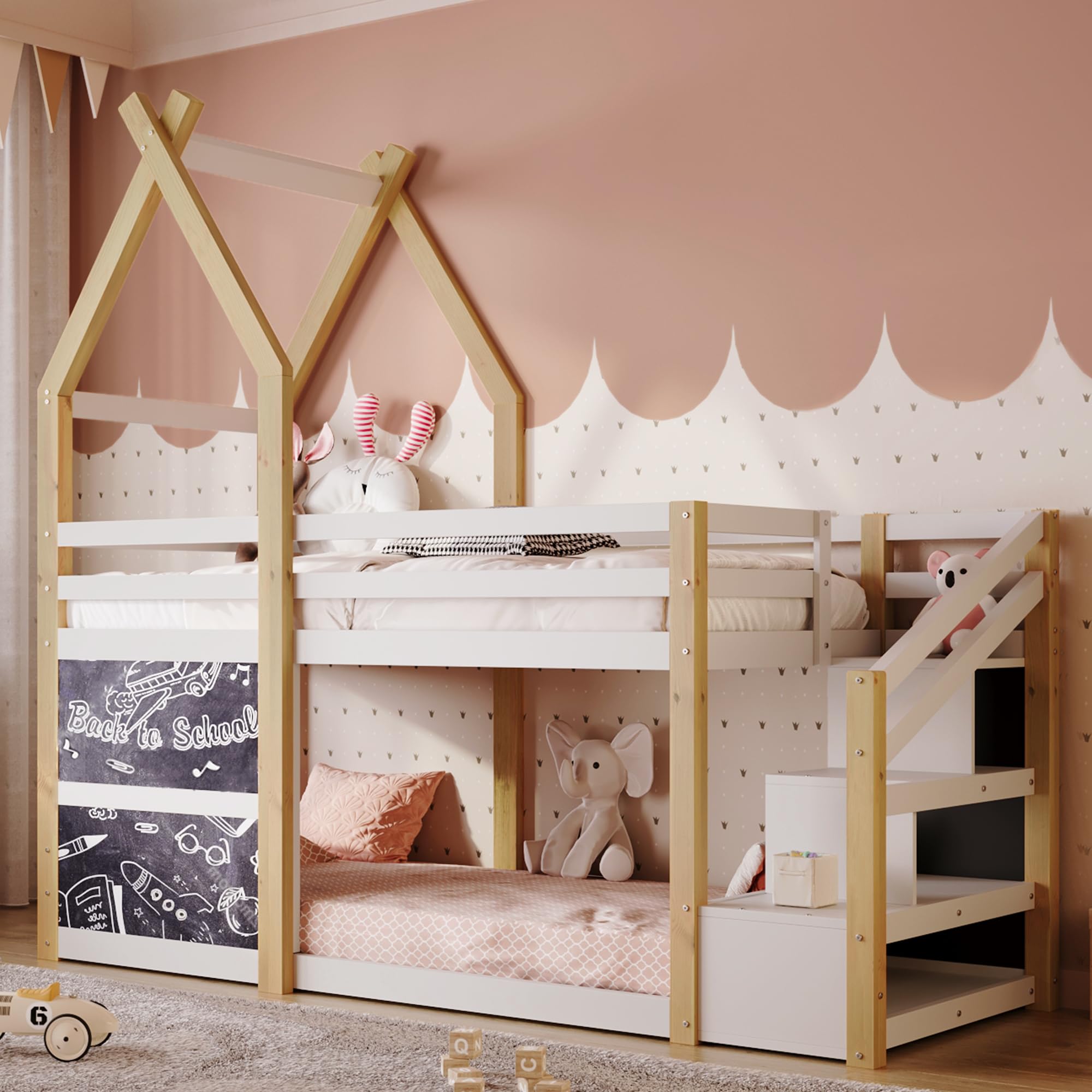 House Bunk Beds, Twin Over Twin Bunk Bed Wooden Floor Bunk Bed Frame for Kids,