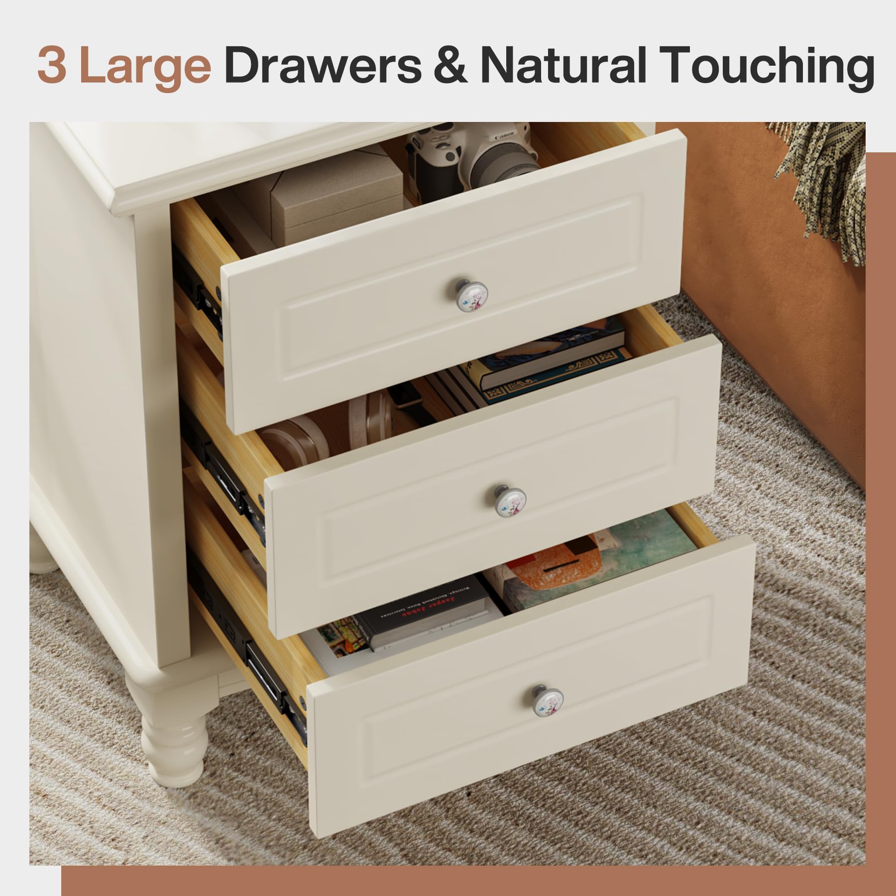 3-Drawer Nightstand, White Night Table for Bedroom, All-Wood Bedside Table
