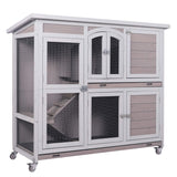 Rabbit Cage Indoor Outdoor Rabbit Hutch on Wheels Wooden Bunny Cage 2-Story