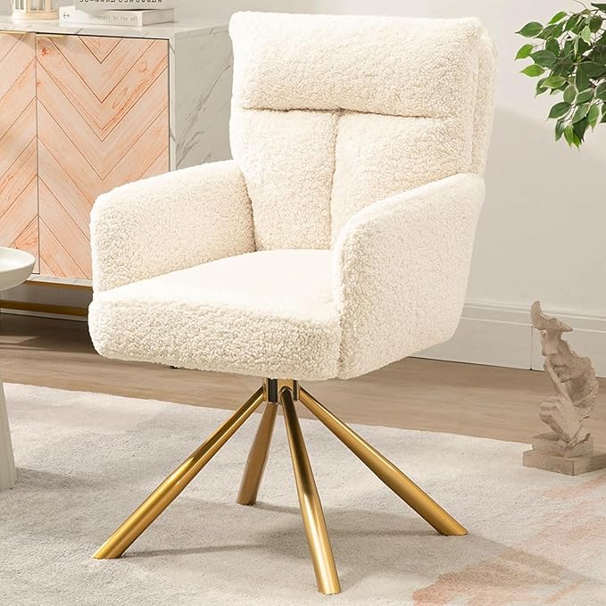 Teddy Office Desk Chair No Wheels, Modern Vanity Chair with Gold Legs, Wide Seat