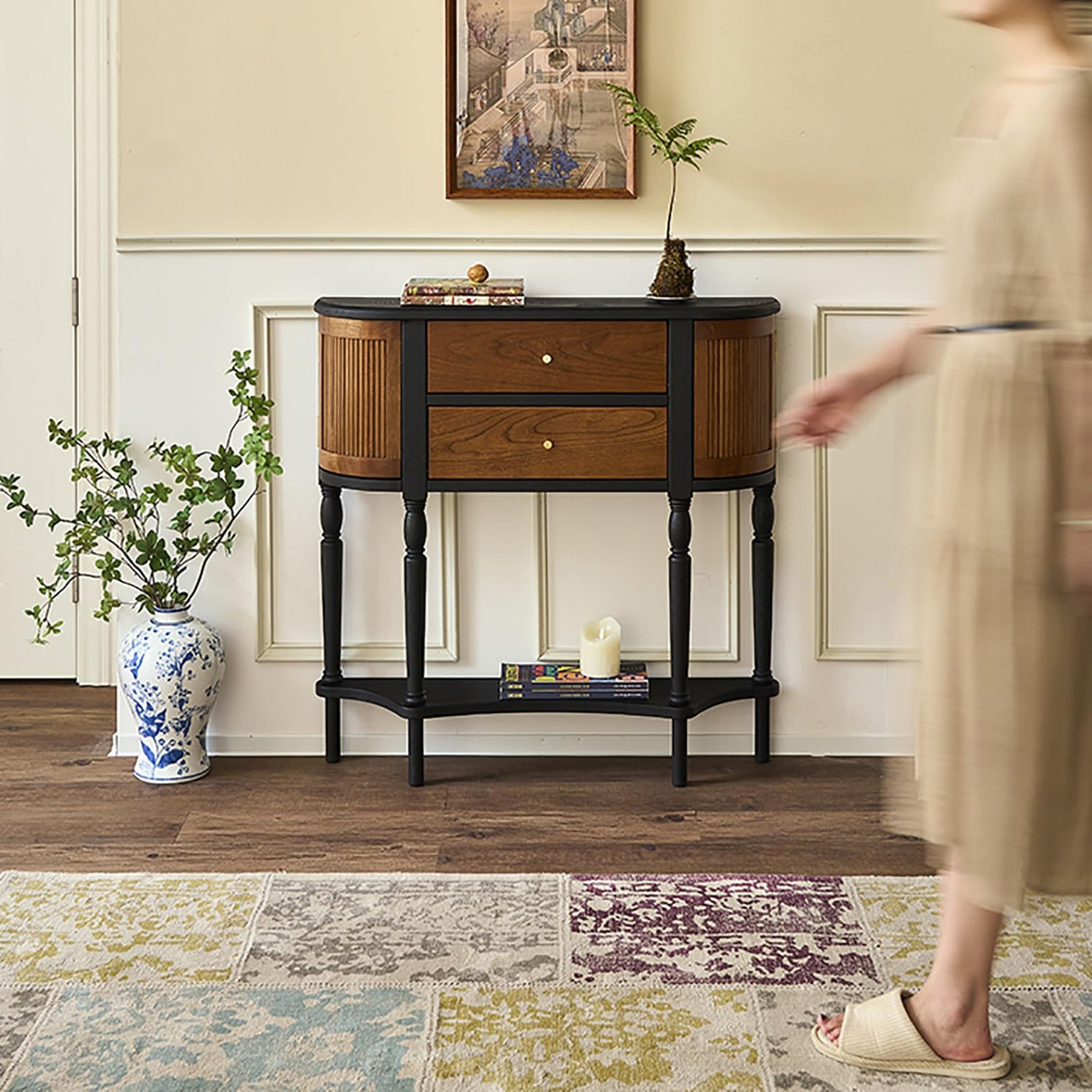 Entryway Table, Narrow Sofa Table, Semi-Circle Entryway Storage Shelf