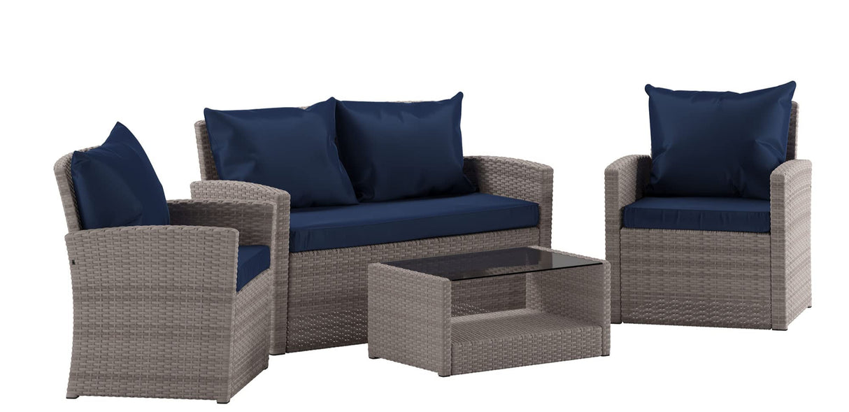 Aransas Series 4 Piece Light Gray Patio Set with Navy Back Pillows and Seat Cushions