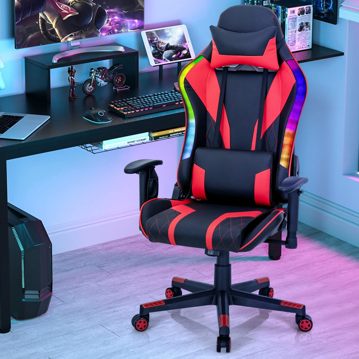 RGB LED Gaming Chair - Ergonomic High Back PVC Leather E-Sport Computer Chair with Lumbar Support