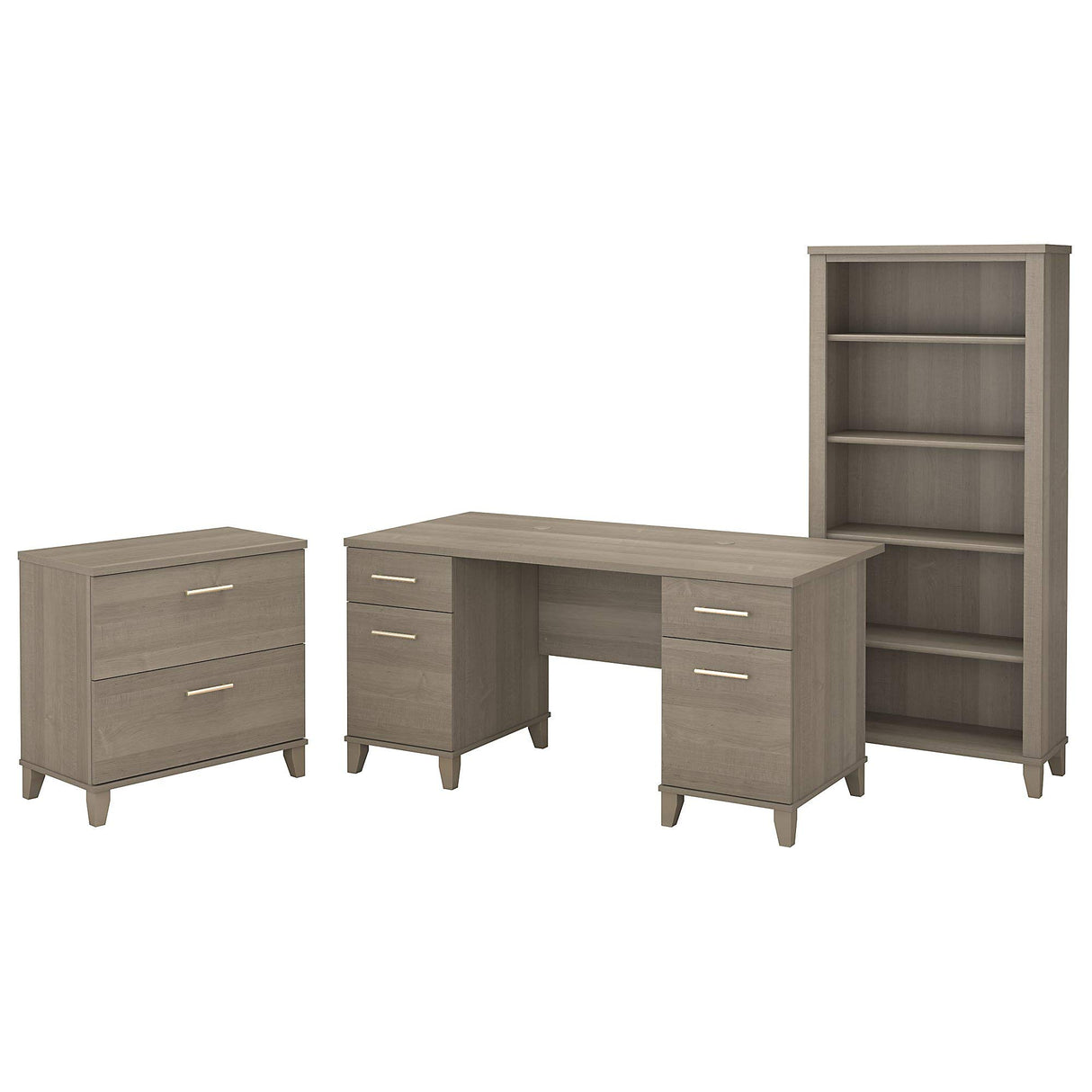 Somerset 60W Office Desk with Lateral File Cabinet and 5 Shelf Bookcase in Ash Gray