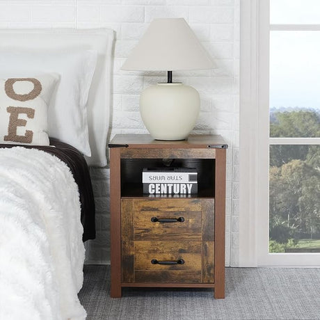 Rustic Wood End Table,White nightstand with Charging Station,Side Table with 2 Drawers