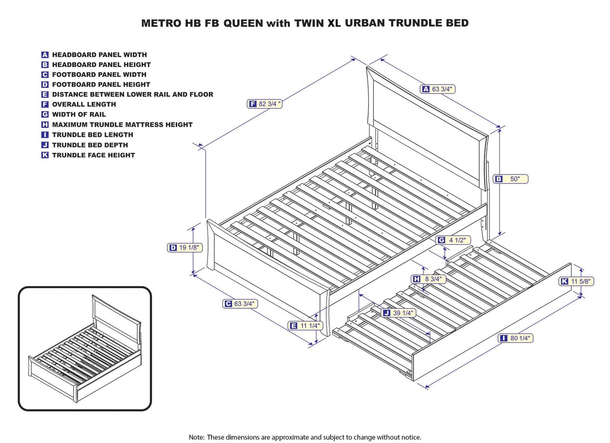 Metro Queen Bed with Matching Footboard and Twin Extra Long Trundle in Walnut