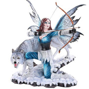Large Winter Fairy Warrior with White Wolf Bow and Arrow Statue 18 Inch Collectible