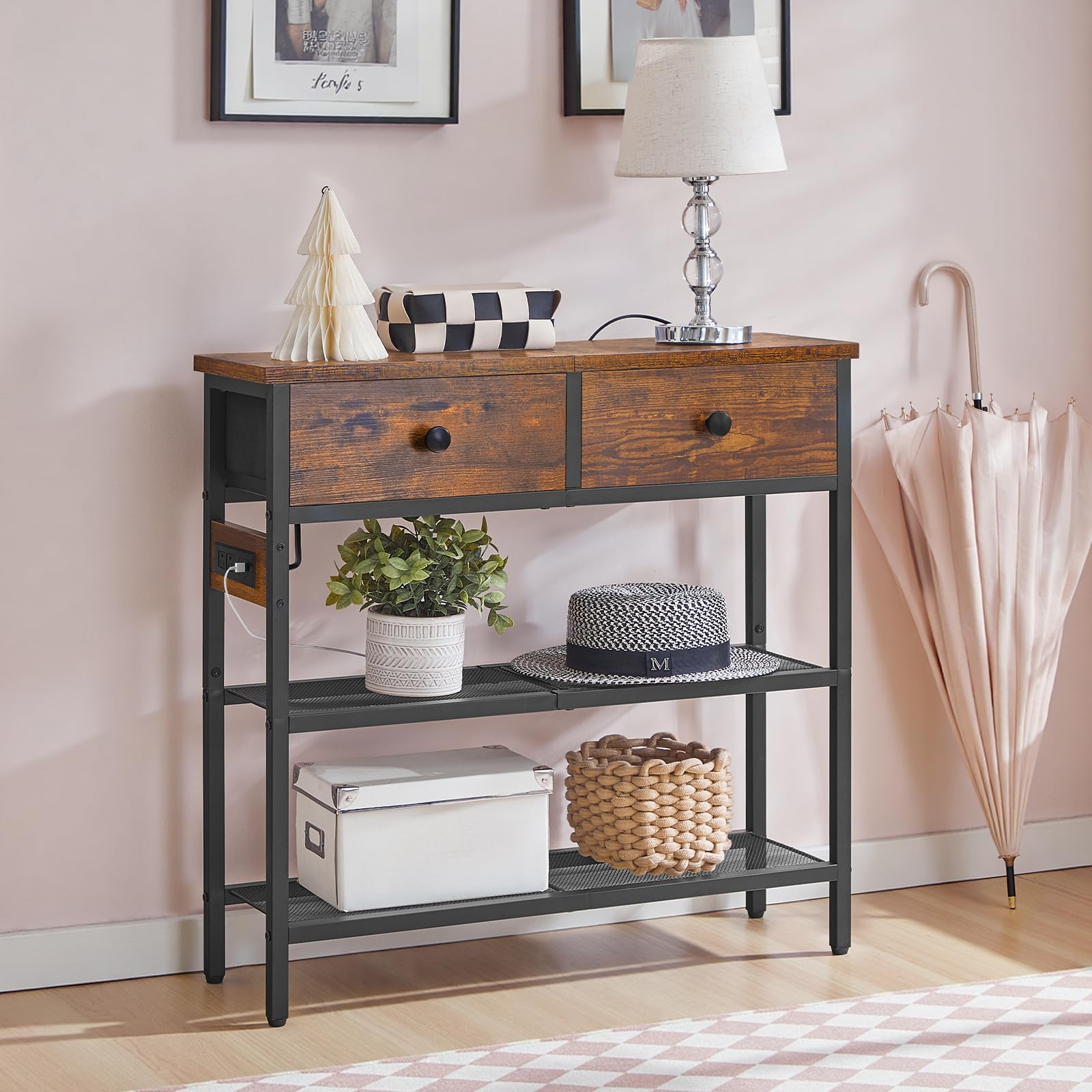 29.5" Narrow Console Table with Power Outlet & Fabric Drawers