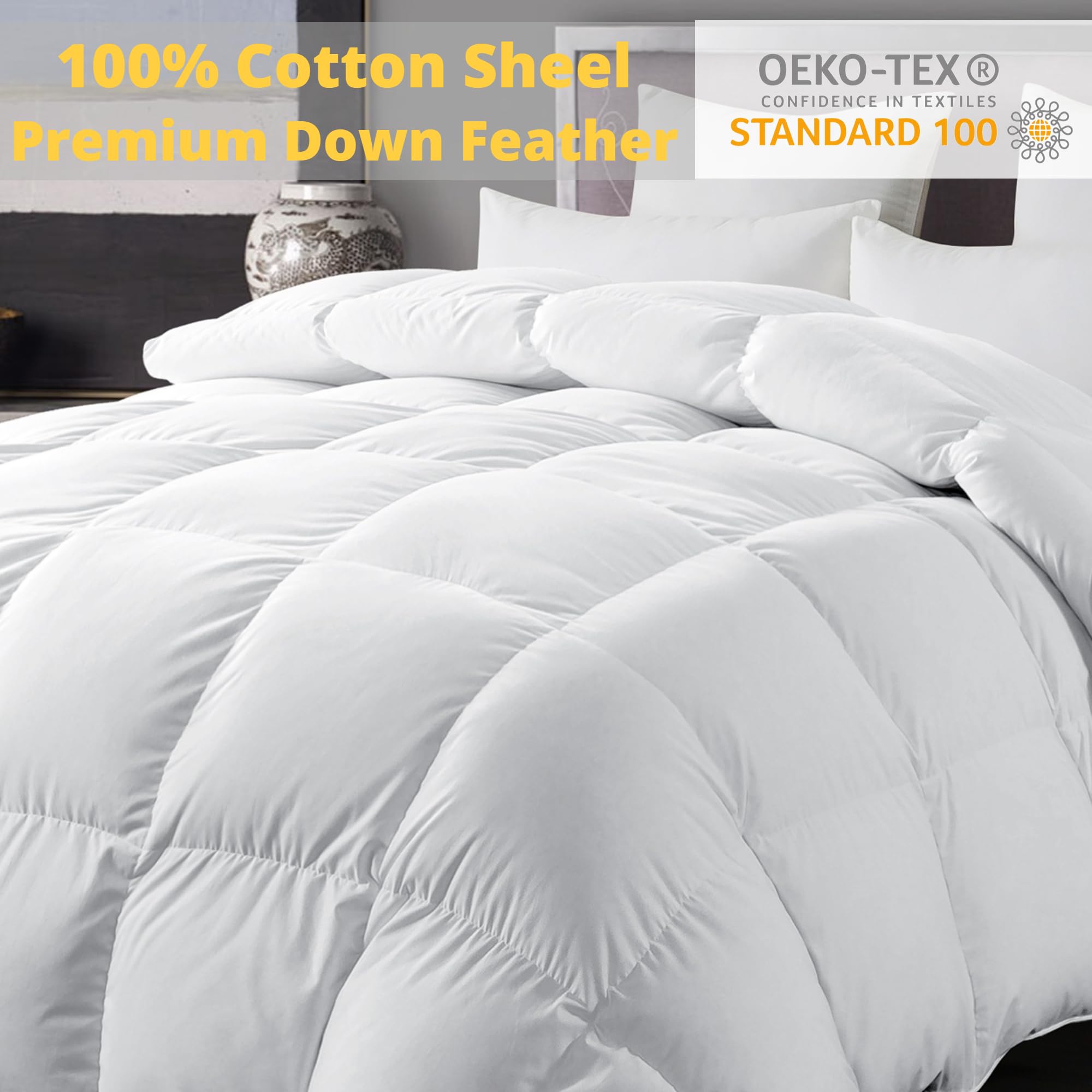 ELNIDO QUEEN Goose Feather Down Comforter Queen Size - All Season White Down Duvet Insert - Luxurious Fluffy Hotel Style Bedding Comforter - Ultra Soft 100% Cotton Cover - Queen (90x90 Inch)