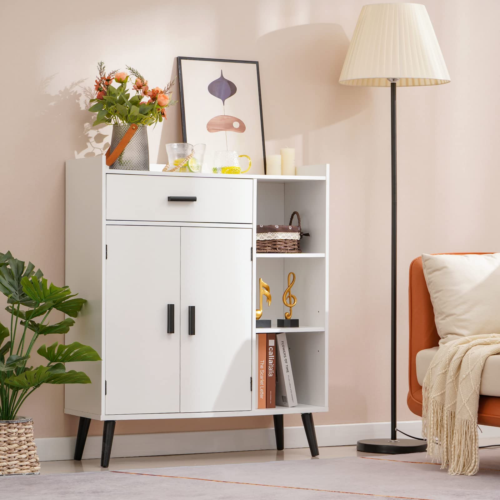 Storage Cabinet, Floor Storage Cabinet with 1 Large Space, 2 Doors & 3 Shelves,