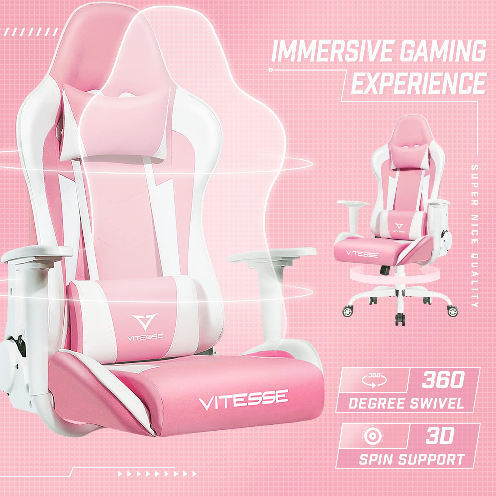 Pink Gaming Chair with Lumbar Support and Headrest