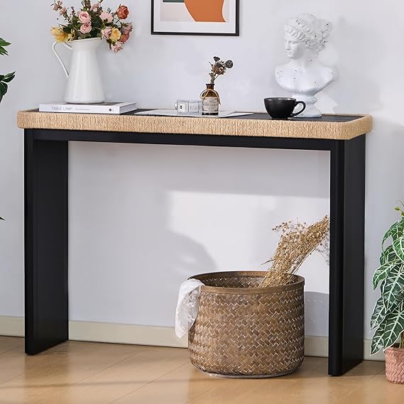 43" Farmhouse Console Table with Rattan Decor - Natural Wood Entryway Table