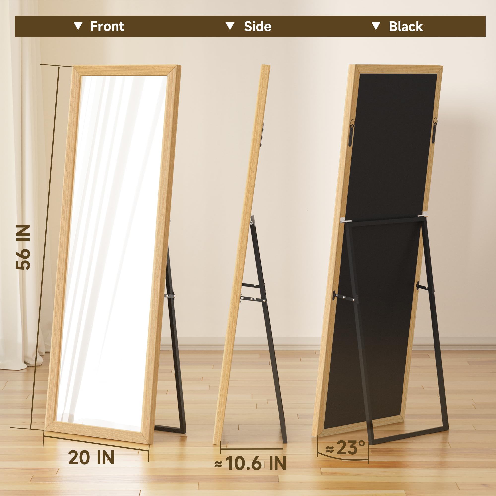 Full Length Wall Mirror with Wooden Frame & Stand - 56x20 Floor Mirror
