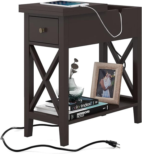 End Table with Charging Station, Narrow Side Table with USB Ports and Outlets