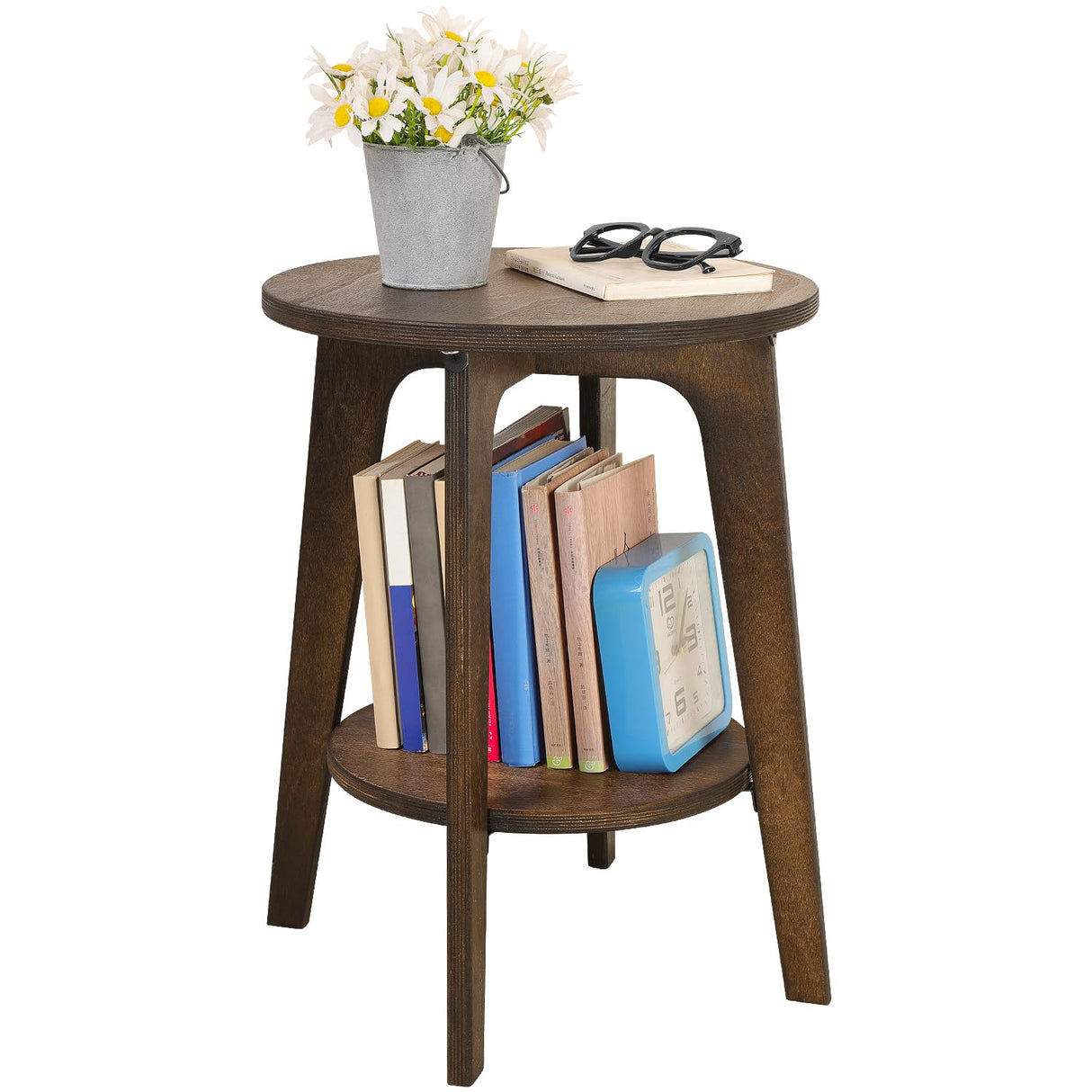 Round End Table Small Farmhouse Accent Side Table with Storage Shelf