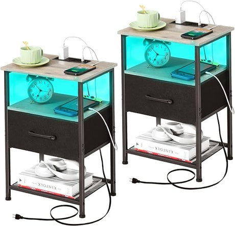 Nightstands Set of 2 with Fast Charging Station and Drawer, End Table Bedside Table